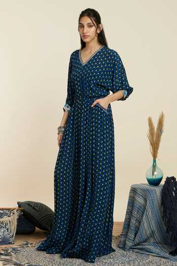 Shop_Sva By Sonam & Paras Modi_Blue Crepe Print Geometric V Dolman Sleeves Jumpsuit_Online_at_Aza_Fashions