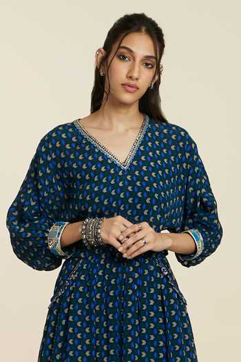 Sva By Sonam & Paras Modi_Blue Crepe Print Geometric V Dolman Sleeves Jumpsuit_at_Aza_Fashions