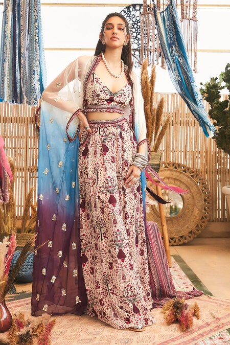 SVA by Sonam & Paras Modi Purple Print Flora Bloom Sweetheart Neck Ombre Embellished Cape Flared Pant Set