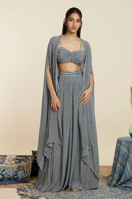 SVA by Sonam & Paras Modi Blue Crepe Print Geometric Jaal Sweetheart Neck Cape Flared Pant Set 