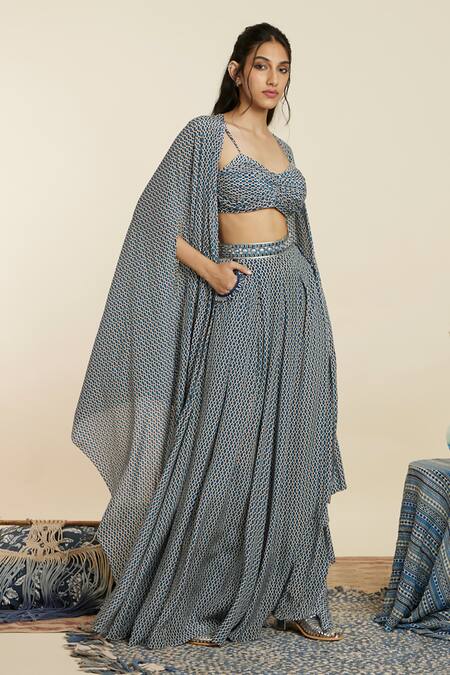 Sva By Sonam & Paras Modi_Blue Crepe Print Geometric Jaal Sweetheart Neck Cape Flared Pant Set_Online_at_Aza_Fashions