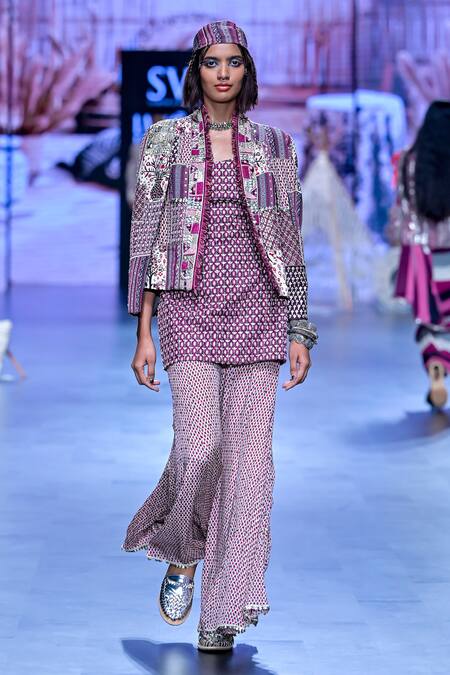 Sva By Sonam & Paras Modi_Purple Silk Embroidery, Mughal Flora Embellished Noor Jacket Sharara Pant Set_at_Aza_Fashions