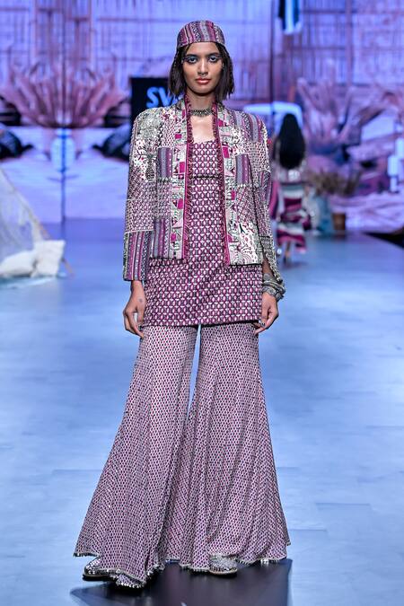 Buy_Sva By Sonam & Paras Modi_Purple Silk Embroidery, Mughal Flora Embellished Noor Jacket Sharara Pant Set