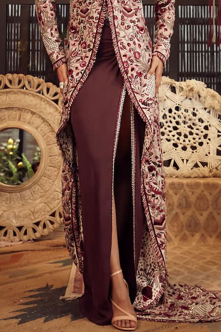 Sva By Sonam & Paras Modi_Maroon Embroidery Rafflesia Bloom Embellished Trail Jacket With High Slit Skirt_Online_at_Aza_Fashions