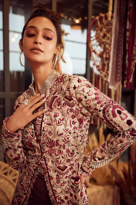 Buy_Sva By Sonam & Paras Modi_Maroon Embroidery Rafflesia Bloom Embellished Trail Jacket With High Slit Skirt_Online_at_Aza_Fashions