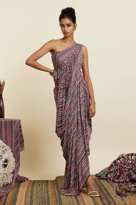 Sva By Sonam & Paras Modi_Multi Color Crepe Sequins, Beads, Cut Work Boho Stripe Print Saree Gown_Online_at_Aza_Fashions