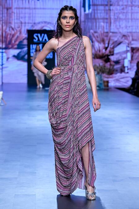 Sva By Sonam & Paras Modi_Multi Color Crepe Sequins, Beads, Cut Work Boho Stripe Print Saree Gown_at_Aza_Fashions