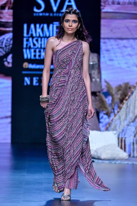 Buy_Sva By Sonam & Paras Modi_Multi Color Crepe Sequins, Beads, Cut Work Boho Stripe Print Saree Gown