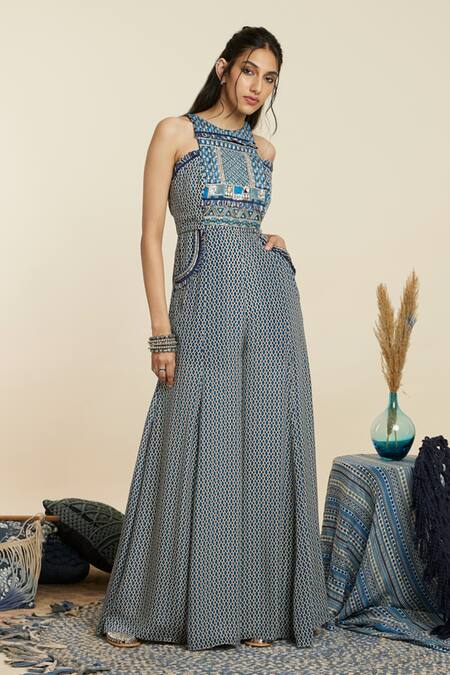 Buy_Sva By Sonam & Paras Modi_Blue Crepe Printed Geometric Halter Neck Jumpsuit_Online_at_Aza_Fashions