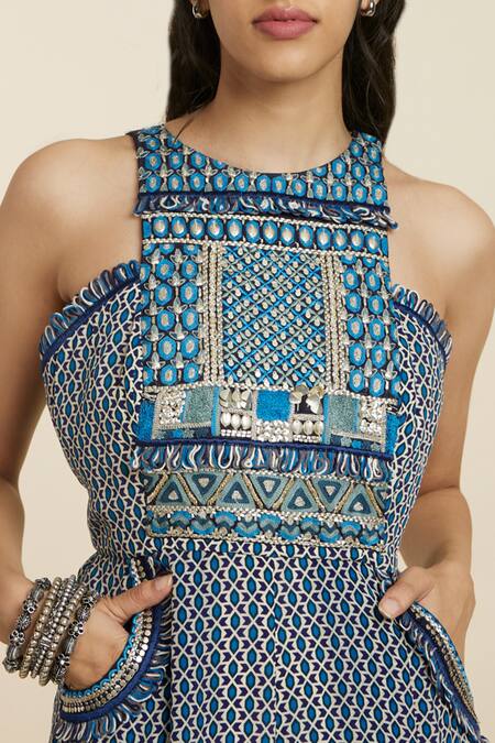 Sva By Sonam & Paras Modi_Blue Crepe Printed Geometric Halter Neck Jumpsuit_at_Aza_Fashions