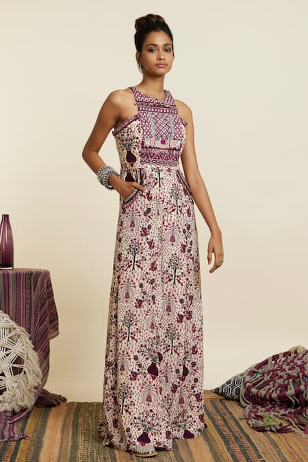 Sva By Sonam & Paras Modi_Multi Color Crepe Sequins, Embroidery Halter Safar Floral Jaal Print Jumpsuit_Online_at_Aza_Fashions