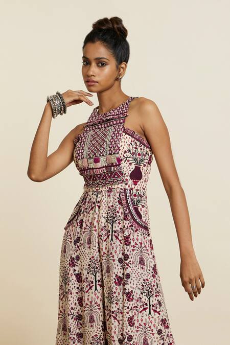 Buy_Sva By Sonam & Paras Modi_Multi Color Crepe Sequins, Embroidery Halter Safar Floral Jaal Print Jumpsuit_Online_at_Aza_Fashions