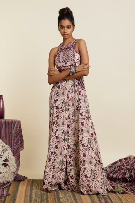 Shop_Sva By Sonam & Paras Modi_Multi Color Crepe Sequins, Embroidery Halter Safar Floral Jaal Print Jumpsuit_Online_at_Aza_Fashions