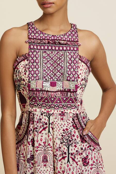 Sva By Sonam & Paras Modi_Multi Color Crepe Sequins, Embroidery Halter Safar Floral Jaal Print Jumpsuit_at_Aza_Fashions