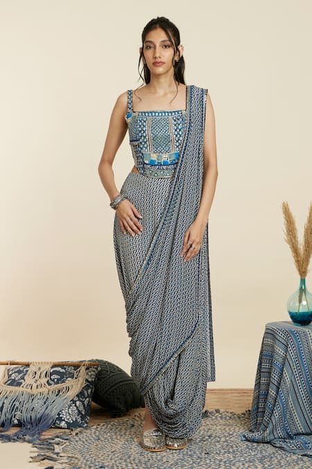 SVA by Sonam & Paras Modi Blue Crepe Printed Geometric Square Neck Pre-draped Saree With Crop Top