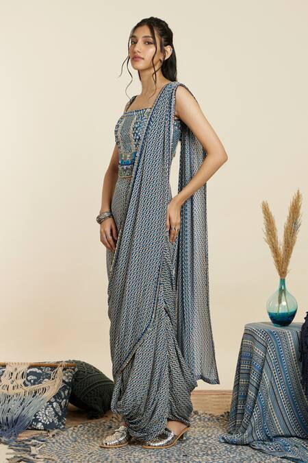 Sva By Sonam & Paras Modi_Blue Crepe Cut Work, Sequins Geometric Print Pre-draped Saree With Crop Top_Online_at_Aza_Fashions