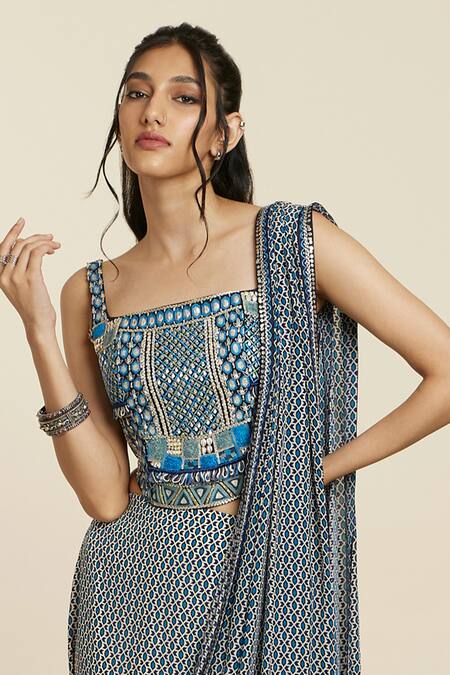 Shop_Sva By Sonam & Paras Modi_Blue Crepe Cut Work, Sequins Geometric Print Pre-draped Saree With Crop Top_Online_at_Aza_Fashions