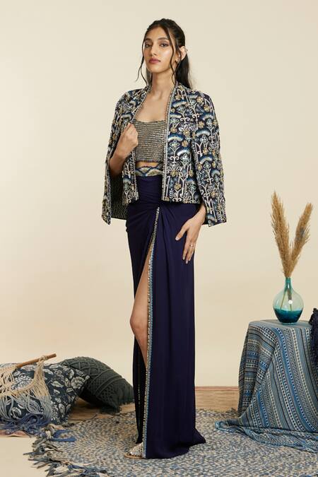 Sva By Sonam & Paras Modi_Blue Crepe Embroidery, Beads, Sequins Scoop Noor Embellished Jacket Skirt Set_Online_at_Aza_Fashions