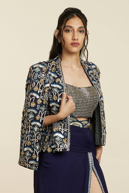Sva By Sonam & Paras Modi_Blue Crepe Embroidery, Beads, Sequins Scoop Noor Embellished Jacket Skirt Set_at_Aza_Fashions