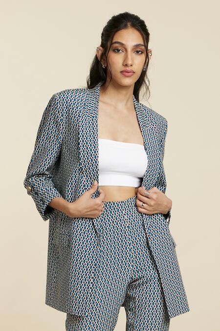 Buy_Sva By Sonam & Paras Modi_Blue Crepe Printed Geometric Shawl Collar Stripe Blazer And Pant Set_Online_at_Aza_Fashions