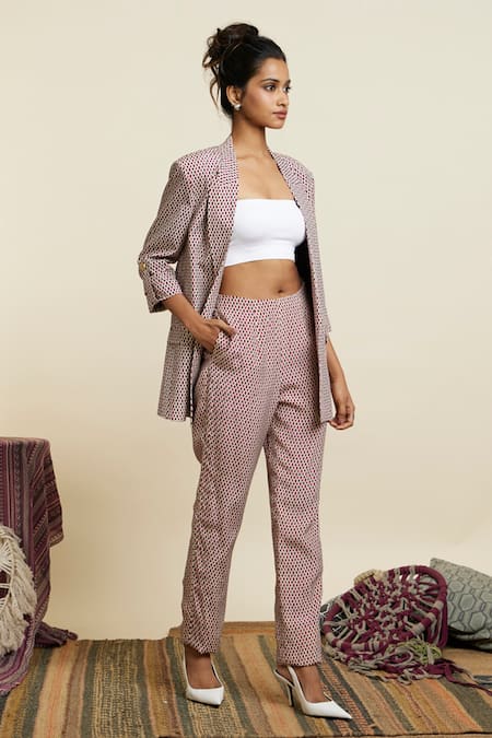 Sva By Sonam & Paras Modi_Multi Color Crepe Printed Geometric Shawl Collar Blazer And Pant Set_at_Aza_Fashions