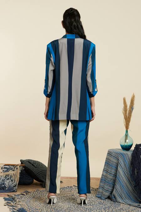 Shop Sva By Sonam & Paras Modi Blue Crepe Printed Stripe Notched Lapel Collar Blazer And Pant Set at Aza Fashions Shop_Sva By Sonam & Paras Modi_Blue Crepe Printed Stripe Notched Lapel Collar Blazer And Pant Set_at_Aza_Fashions