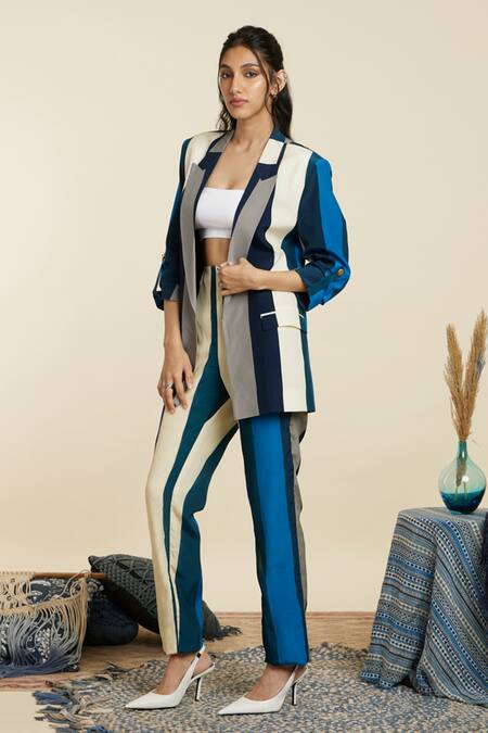 Sva By Sonam & Paras Modi Blue Crepe Printed Stripe Notched Lapel Collar Blazer And Pant Set Online at Aza Fashions Sva By Sonam & Paras Modi_Blue Crepe Printed Stripe Notched Lapel Collar Blazer And Pant Set_Online_at_Aza_Fashions