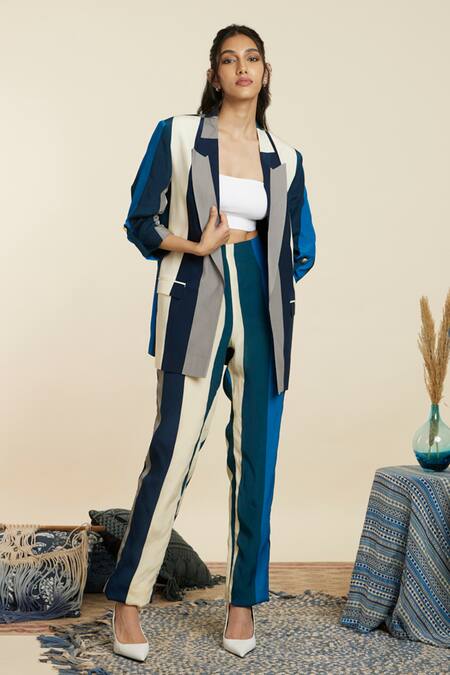 Buy Sva By Sonam & Paras Modi Blue Crepe Printed Stripe Notched Lapel Collar Blazer And Pant Set Online at Aza Fashions Buy_Sva By Sonam & Paras Modi_Blue Crepe Printed Stripe Notched Lapel Collar Blazer And Pant Set_Online_at_Aza_Fashions