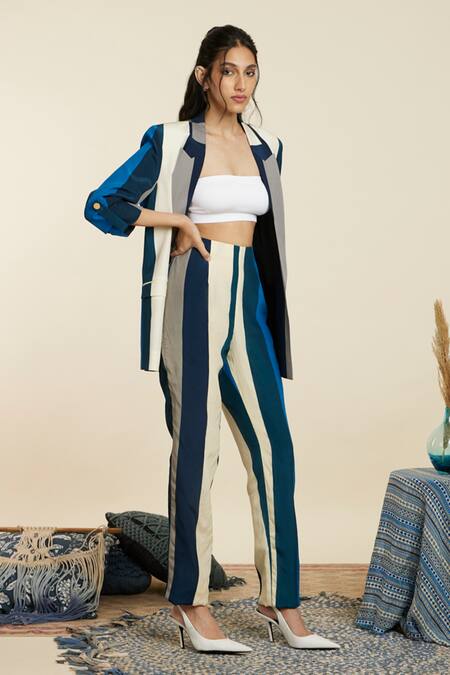Sva By Sonam & Paras Modi Blue Crepe Printed Stripe Notched Lapel Collar Blazer And Pant Set at Aza Fashions Sva By Sonam & Paras Modi_Blue Crepe Printed Stripe Notched Lapel Collar Blazer And Pant Set_at_Aza_Fashions