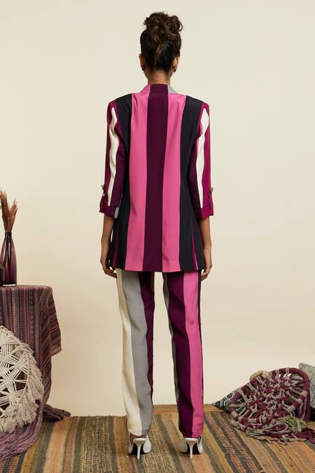 Shop Sva By Sonam & Paras Modi Multi Color Crepe Printed Linear Notched Lapel Collar Blazer And Pant Set at Aza Fashions Shop_Sva By Sonam & Paras Modi_Multi Color Crepe Printed Linear Notched Lapel Collar Blazer And Pant Set_at_Aza_Fashions