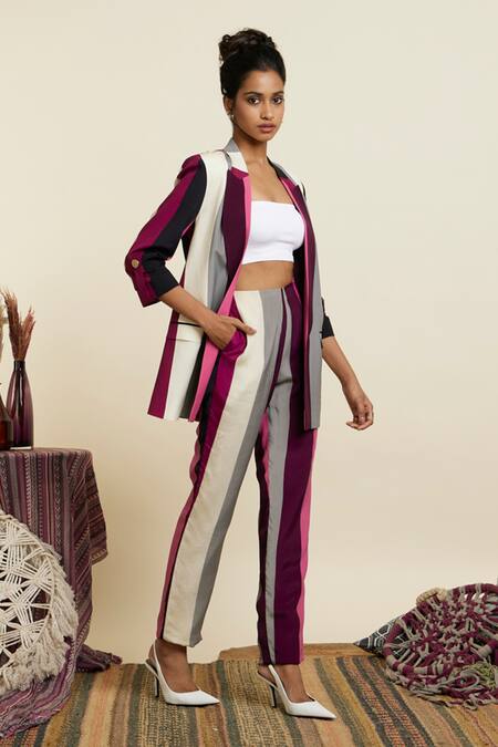 Sva By Sonam & Paras Modi Multi Color Crepe Printed Linear Notched Lapel Collar Blazer And Pant Set Online at Aza Fashions Sva By Sonam & Paras Modi_Multi Color Crepe Printed Linear Notched Lapel Collar Blazer And Pant Set_Online_at_Aza_Fashions