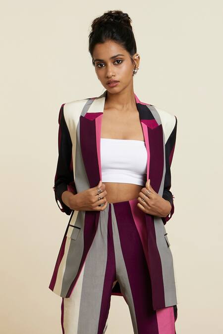Buy Sva By Sonam & Paras Modi Multi Color Crepe Printed Linear Notched Lapel Collar Blazer And Pant Set Online at Aza Fashions Buy_Sva By Sonam & Paras Modi_Multi Color Crepe Printed Linear Notched Lapel Collar Blazer And Pant Set_Online_at_Aza_Fashions