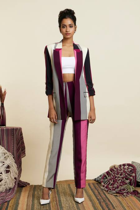Shop Sva By Sonam & Paras Modi Multi Color Crepe Printed Linear Notched Lapel Collar Blazer And Pant Set Online at Aza Fashions Shop_Sva By Sonam & Paras Modi_Multi Color Crepe Printed Linear Notched Lapel Collar Blazer And Pant Set_Online_at_Aza_Fashions