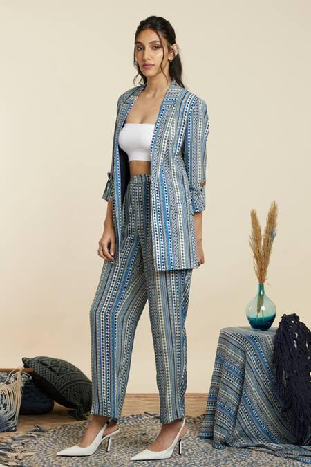 Sva By Sonam & Paras Modi_Multi Color Crepe Printed Boho Stripe Notched Lapel Collar Blazer And Pant Set_Online_at_Aza_Fashions