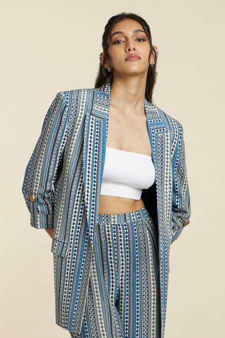 Buy_Sva By Sonam & Paras Modi_Multi Color Crepe Printed Boho Stripe Notched Lapel Collar Blazer And Pant Set_Online_at_Aza_Fashions