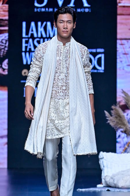 Sva By Sonam & Paras Modi_Ivory Organza Sequins Bloom Garden Embroidered Kurta Pant Set_Online_at_Aza_Fashions