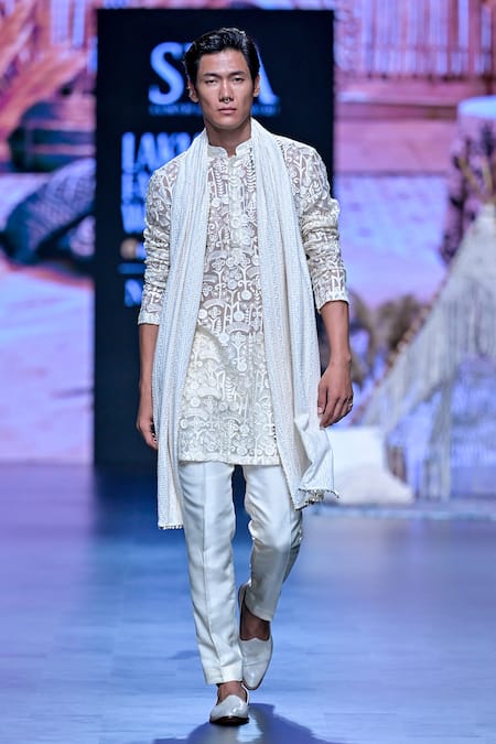 Buy_Sva By Sonam & Paras Modi_Ivory Organza Sequins Bloom Garden Embroidered Kurta Pant Set_Online_at_Aza_Fashions