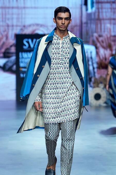 Sva By Sonam & Paras Modi_Blue Lucknowi Print Stripe Pattern Trench Coat Pant Set_Online_at_Aza_Fashions