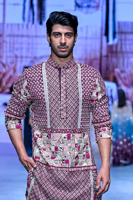 Sva By Sonam & Paras Modi Purple Silk Print Bloom Jaal Embellished Kurta With Pant Online at Aza Fashions Sva By Sonam & Paras Modi_Purple Silk Print Bloom Jaal Embellished Kurta With Pant_Online_at_Aza_Fashions