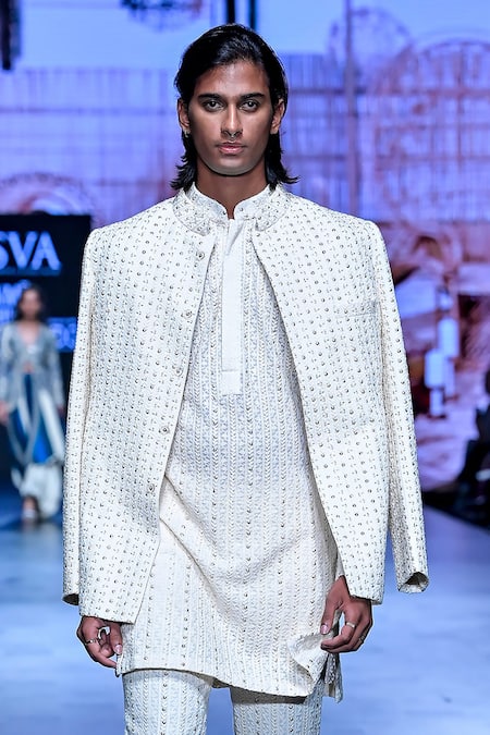 Sva By Sonam & Paras Modi_Ivory Linen Metallic Thread, Embroidery Lucknowi Vine Jacket Pant Set_Online_at_Aza_Fashions