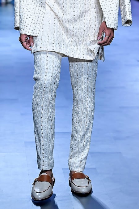 Buy_Sva By Sonam & Paras Modi_Ivory Linen Metallic Thread, Embroidery Lucknowi Vine Jacket Pant Set_Online_at_Aza_Fashions