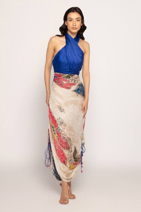 Saaksha & Kinni_Blue Silk, Cotton Halter Neck Bandhani Print Dress _Online_at_Aza_Fashions
