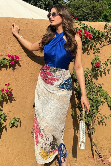 Buy_Saaksha & Kinni_Blue Silk, Cotton Halter Neck Bandhani Print Dress _Online_at_Aza_Fashions