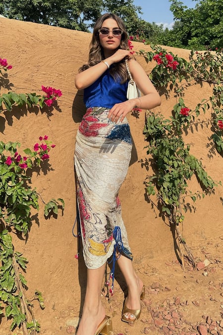 Saaksha & Kinni_Blue Silk, Cotton Halter Neck Bandhani Print Dress _at_Aza_Fashions