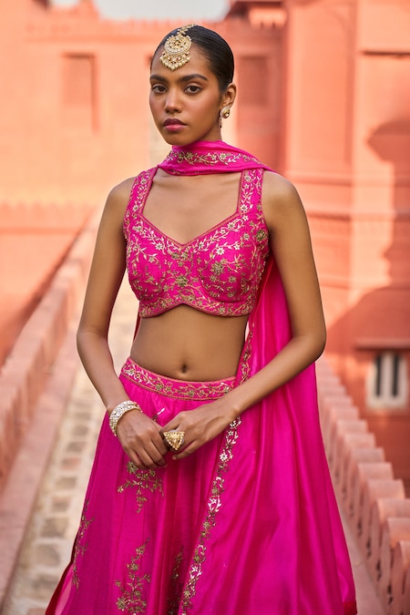 Dark Pink Raw Silk Lehenga Blouse with Heavy Zardosi Embroidery | ViBha