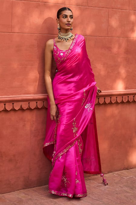 Shop Punit Balana Pink Chanderi Silk, Organza Embroidery Square Blossom Patra Saree With Blouse at Aza Fashions Shop_Punit Balana_Pink Chanderi Silk, Organza Embroidery Square Blossom Patra Saree With Blouse _at_Aza_Fashions