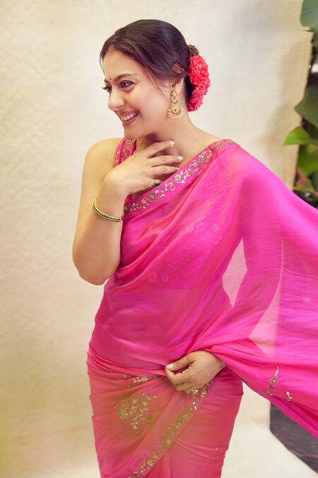 Shop Punit Balana Pink Chanderi Silk, Organza Embroidery Square Blossom Patra Saree With Blouse Online at Aza Fashions Shop_Punit Balana_Pink Chanderi Silk, Organza Embroidery Square Blossom Patra Saree With Blouse _Online_at_Aza_Fashions