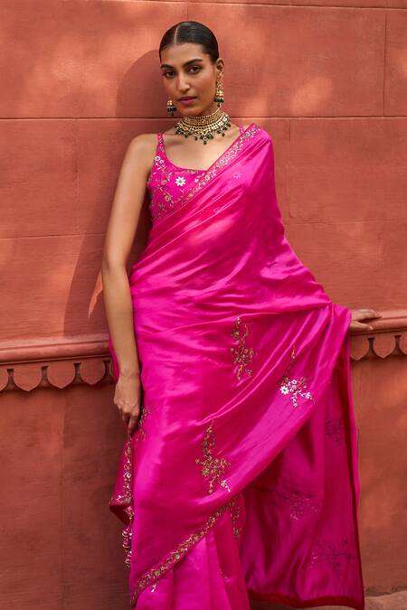 Buy Punit Balana Pink Chanderi Silk, Organza Embroidery Square Blossom Patra Saree With Blouse Buy_Punit Balana_Pink Chanderi Silk, Organza Embroidery Square Blossom Patra Saree With Blouse