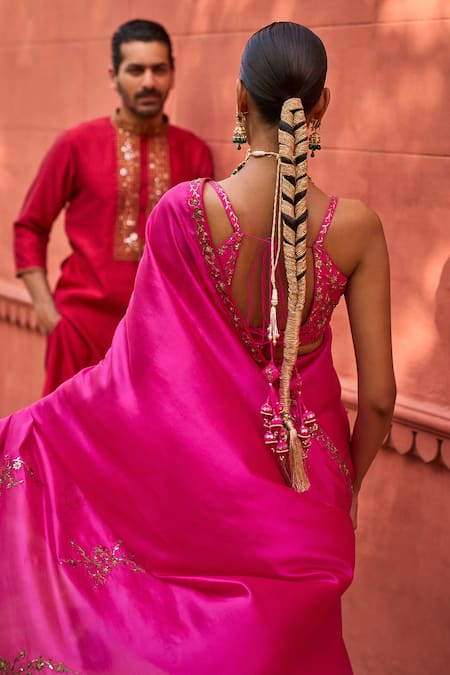 Shop Punit Balana Pink Chanderi Silk, Organza Embroidery Square Blossom Patra Saree With Blouse Shop_Punit Balana_Pink Chanderi Silk, Organza Embroidery Square Blossom Patra Saree With Blouse