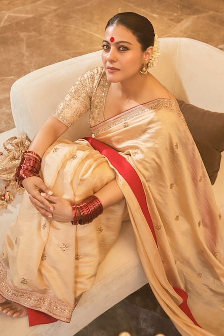 Punit Balana_Beige Chanderi Silk, Organza Sequins, Embroidery Marodi Gota Saree With Blouse _Online_at_Aza_Fashions
